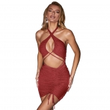 WineRed Sleeveless Halter Hollow-out Silk Bodycons Sexy Club Dress