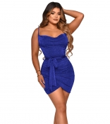 Blue Sleeveless Halter Low-Cut Silk Fashion Women Mini Dress