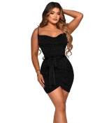 Black Sleeveless Halter Low-Cut Silk Fashion Women Mini Dress