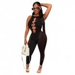 Black Sleeveless Mesh Hollow-out Bodycons Sexy Jumpsuit