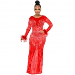 Red Long Sleeve Feather Mesh Rhinestone Bodycons Evening Maxi Dress