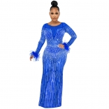Blue Long Sleeve Feather Mesh Rhinestone Bodycons Evening Maxi Dress