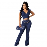 Blue Sleeveless V-Neck Jeans 2PCS Bodycons Jumpsuit