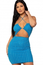 Blue Halter Sleeveless Hollow-out Sexy Women Rhinestone Mini Dress
