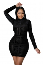 Black Long Sleeve O-Neck Mesh Printed Bodycons Mini Dress