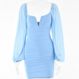 Blue Mesh Long Sleeve V-Neck Bodycons Women Sexy Mini Dress