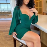 Green Mesh Long Sleeve V-Neck Bodycons Women Sexy Mini Dress