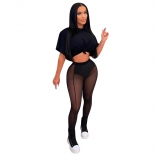 Black Short Sleeve Mesh 2PCS Women Bodycons Jumpsuit