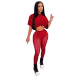 Red Short Sleeve Mesh 2PCS Women Bodycons Jumpsuit