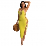 Yellow Sleeveless Halter V-Neck Mesh Bandage Women Midi Dress