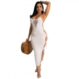 White Sleeveless Halter V-Neck Mesh Bandage Women Midi Dress