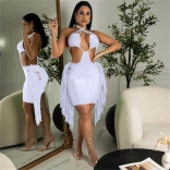 White Halter Sleeveless Deep V-Neck Tassels Mini Bandage Dress