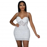White Halter V-Neck Rhinestone Sequin Women Mini Dress