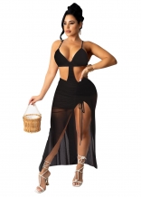 Black Sleeveless Low-Cut V-Neck Mesh Sexy Maxi Dance Dress