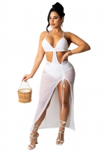 White Sleeveless Low-Cut V-Neck Mesh Sexy Maxi Dance Dress