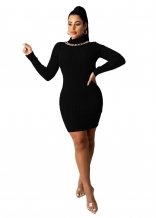 Black Long Sleeve Cotton O-Neck Fashion Women OL Dress