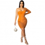 Orange One Sleeve Mesh Rhinestone Bodycon Mini Dress