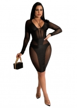 Black Long Sleeve Deep V-Neck Mesh Women Sexy Bodycon Dress