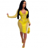 Yellow Long Sleeve Deep V-Neck Mesh Women Sexy Bodycon Dress