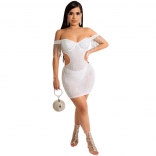 White Low-Cut Off-Shoulder Mesh Rhinestone Sexy Mini Dress