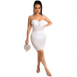 White Halter Sleeveless Mesh Rhinestone Bodycon Mini Dress