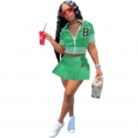 Green Short Sleeve Printed Letter Sports Skirt Dress