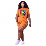 Orange Short Sleeve O-Neck Printed Women Fashion Pant Set