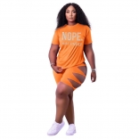 Orange  Short Sleeve O-Neck Diamond Women Fashion Pant Set
