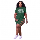 Green  Short Sleeve O-Neck Diamond Women Fashion Pant Set