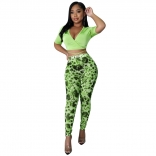 Green Short Sleeve V-Neck Tops Printed Sexyy Jumpsuit