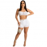 White Off-Shoulder Sleeveless Mesh Rhinestone Sexy Short Sets