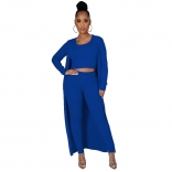 Blue Long Sleeve O-Neck Cotton 3PCS Women Catsuit Dress