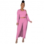 Pink Long Sleeve O-Neck Cotton 3PCS Women Catsuit Dress