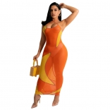 Orange Halter Mesh Sleeveless Printed Party Midi Dress