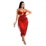Red Sleeveless Halter V-Neck Tassels Sexy Midi Dress