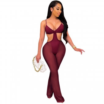 Red Halter Low-Cut Mesh Sexy Hollow-out Women Jumpsuit