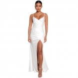 White Sleeveless Halter V-Neck Slit Women Maxi Dress