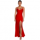 Red Sleeveless Halter V-Neck Slit Women Maxi Dress
