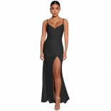 Black Sleeveless Halter V-Neck Slit Women Maxi Dress