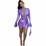 Purple Mesh Long Sleeve Deep V-Neck Printed Party Dress