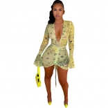 Yellow Mesh Long Sleeve Deep V-Neck Printed Party Dress