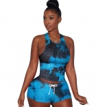 Blue Sleeveless Printed Women Fashion Sport Sets