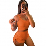Orange Sleeveless Cotton Halter Women Short Sets Dress