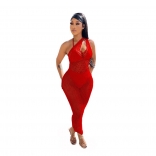 Red Sleeveless V-Neck Hollow-out Nets Sexy Dress