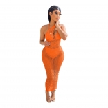 Orange Sleeveless V-Neck Hollow-out Nets Sexy Dress