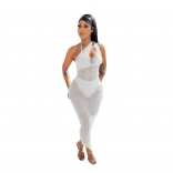 White Sleeveless V-Neck Hollow-out Nets Sexy Dress