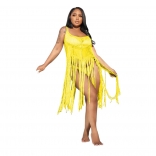 Yellow Halter Low-Cut Silk Nets Tassels Party Dress