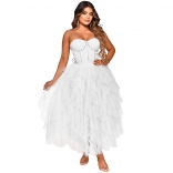 White Off-Shoulder V-Neck Rhinestone Mesh Fashion Evening Skirt Dress