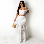 White Sleeveless Off-Shoulder Lace Hollow-out Women Fashion Long Dress