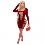 Red Long Sleeve Hollow-out Bandage Sexy Mini Dress